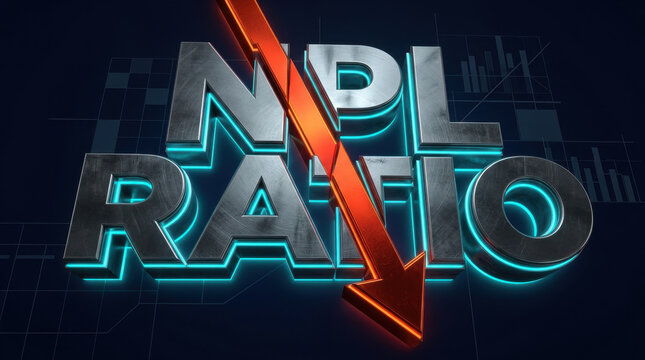 NPL ratio typography with glowing arrow and metallic lettering on dark background