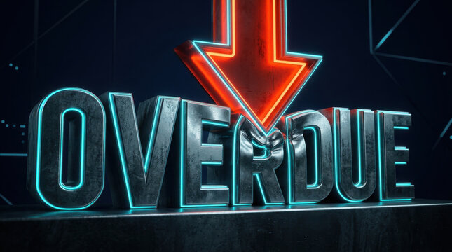 Overdue downward arrow neon text red arrow metallic letter dark background dramatic lighting