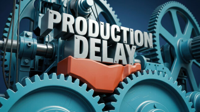 Production delay concept featuring interlocking metal gear, industrial machinery, and red obstruction symbolizing halted manufacturing progress and operational disruption in factory