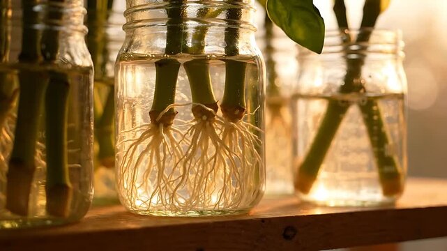 Plant Cuttings Growing in Jars, Gradually Developing Leaves and Roots in a Time-Lapse Sequence. Botanical Propagation Animation.