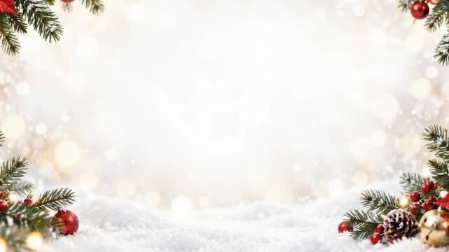 festive christmas background with red poinsettias, pinecones, fir branches, red and gold ornaments and glowing lights over soft white snow