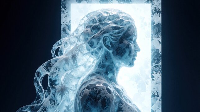Stylized ice goddess Sedna represents Inuit mythology. Frozen female figure with flowing crystal hair sits in arctic environment. Abstract water deity shows spiritual connection to cold ocean,