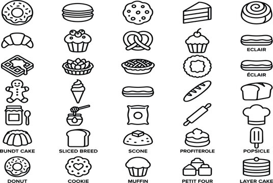 Bakery and Sweet Dessert Line Icon Collection Featuring Cakes Cookies Donuts Macarons Muffins and Pastries for Cafe Menus and Web Designs