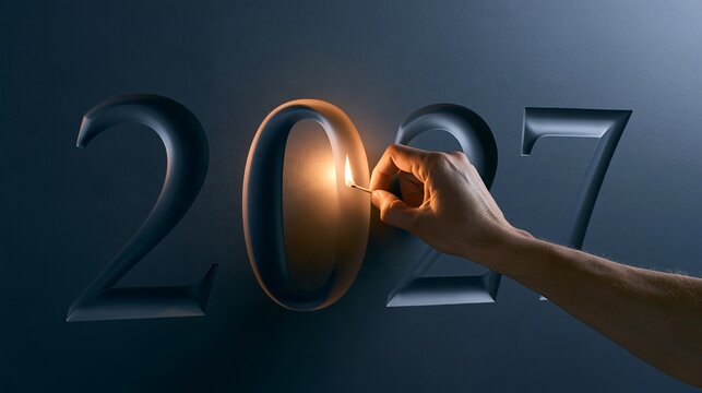 A human hand holding a lit match to ignite the number zero in the embossed 2027 year date against a dark blue background