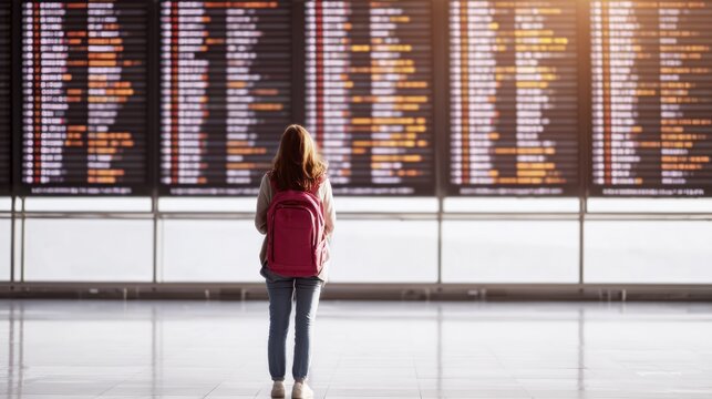 Traveler viewing airport departure board with backlit display of flights