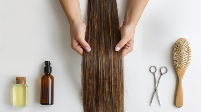 Hair care essentials: top view of hands holding long brown hair with natural products and tools