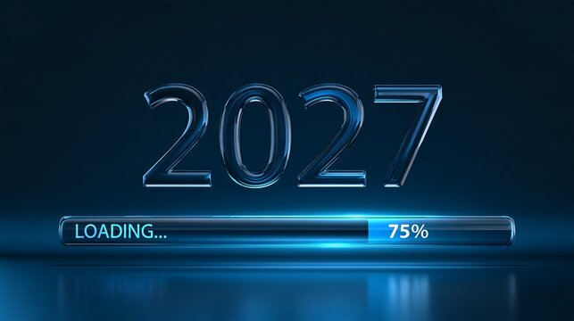 3 d rendered year 2027 text in blue glass with a glowing loading progress bar at seventy five percent completion on a dark background