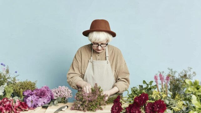 Elderly florist arranging vibrant flowers in studio with a calm blue background