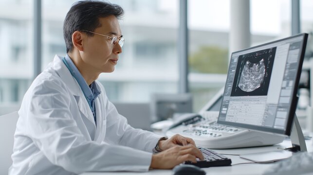 Focused doctor analyzing ultrasound results on computer in modern medical office
