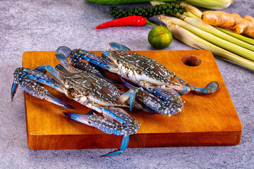 Wooden cutting board with two fresh blue crabs surrounded by lemongrass, lime, chili, and peppercorns on textured gray surface © Andrei Starostin
