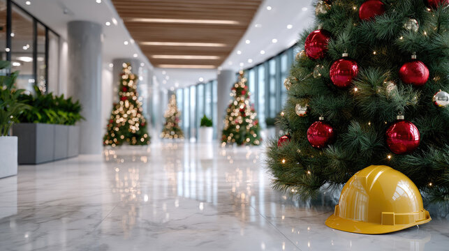 Christmas tree illuminated with golden and silver ornaments standing next to two yellow hard hats. Offering ample copy space