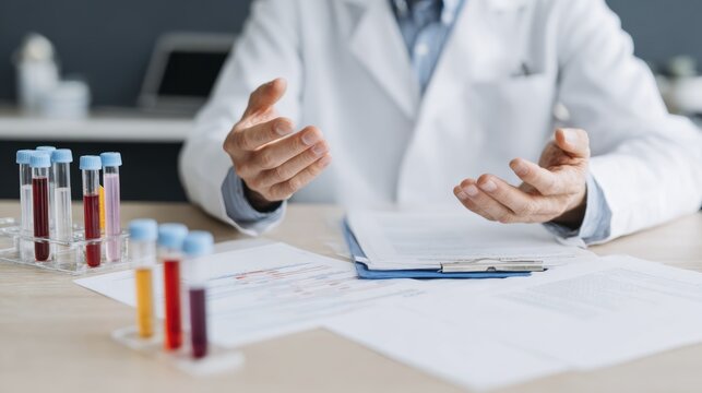 Medical professional discussing test results in laboratory setting