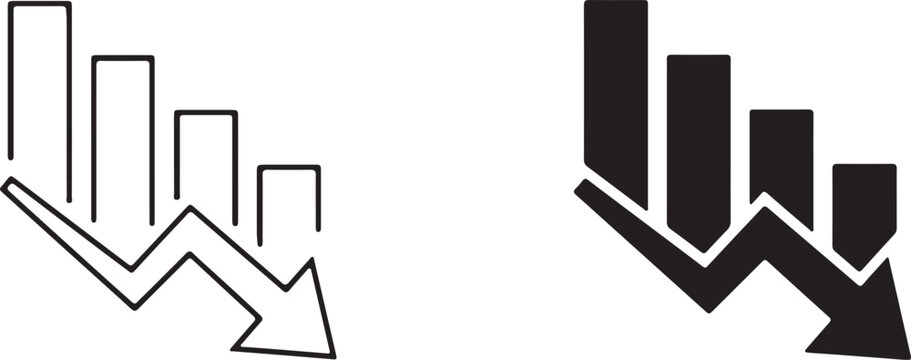 Financial downturn icon set showing declining graph with arrow in outline and solid style
