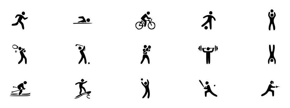 Grid of simple black stick figure pictograms depicting var EXU51OfXUHivFjRGvdX 1A set with simple line art design featuring sketches, drawings, vector graphics with minimalist and simple illustrations