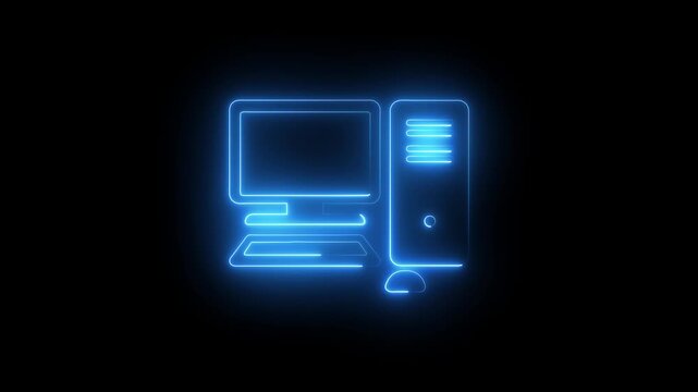 Glowing neon computer icon isolated on black background. Technology Concept Illustration. Technology, digital marketing and pc screen for software.