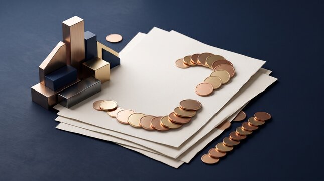 Financial planning concept with metal coins and blocks on paper sheets