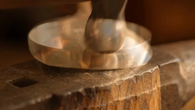 Metal Bowl Forming Process with Hammer Striking a Metal Disc on a Wooden Anvil, Creating a Polished Bowl. and Hammering