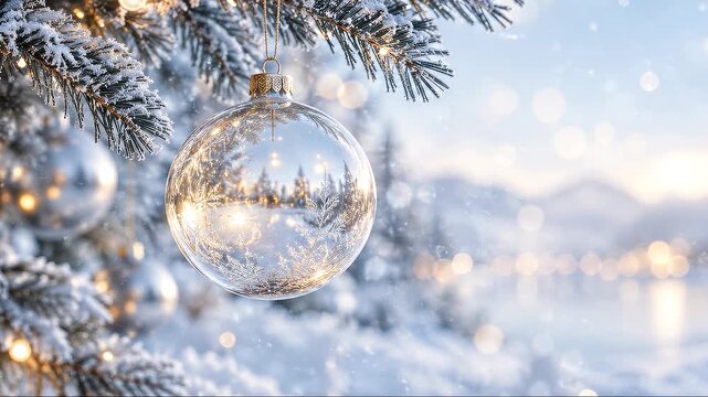 transparent glass christmas bauble with icy patterns hanging from snow covered pine branch over bright winter landscape with warm bokeh lights