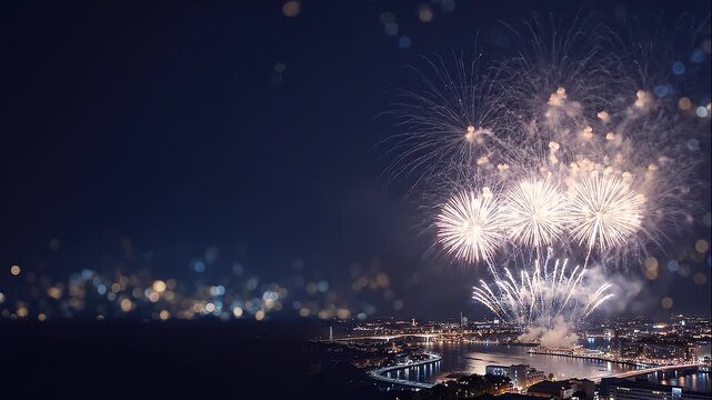 colorful fireworks exploding above illuminated city waterfront at night with bright reflections on water