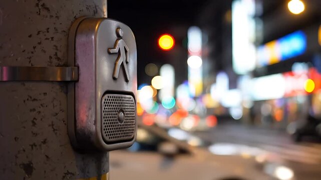 Pedestrian Signals Illuminate a City Street at Night, Transitioning From Red to White with Blurred Traffic Lights.