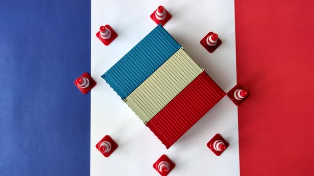 The cargo container ban on the French flag as a conceptual backdrop. Cargo container embargo