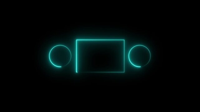Glowing neon blue color square rectangle picture frame with circle frame icon animation display neon box footage shape round seamless border retro movement eclipse on black background.4K