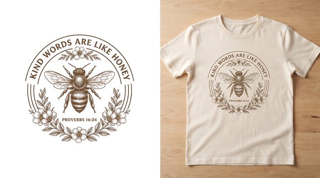 Kind words are like honey proverbs 1624 tshirt design with vintage bee illustration and floral wreath isolated on white background
