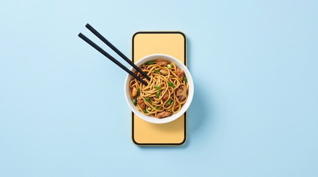 Bowl of stir-fried noodles on a smartphone with chopsticks smartphone delivery chopsticks ordering technology restaurant lifestyle