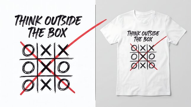 Think outside the box tshirt design with tic tac toe game, creative typography and brush stroke illustration isolated on white background