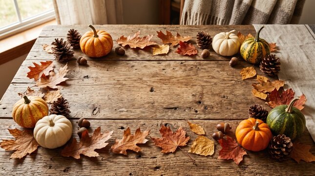 Freshly baked pumpkin pie on a rustic wooden table with autumn decorations for thanksgiving holiday preparation