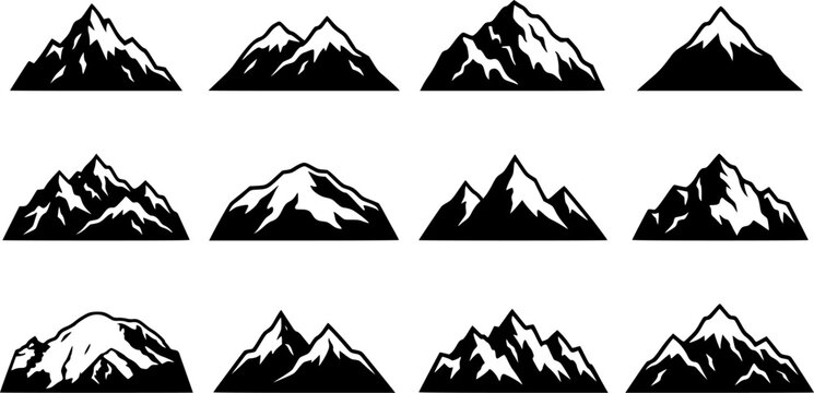 Mountain Peak & Snow Cap Silhouette Icon Set. Collection of nature & wildlife silhouettes, including mountain peak & snow cap, detailed weather and landscape shapes, and more.