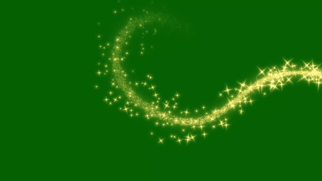 Magical golden fairy dust star trail animation on green background, glittering particle trail, glitter star sparkling light effect motion graphics, glowing fairy dust transition. 4K video