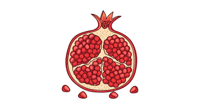 Sliced pomegranate with seeds and scattered arils vector illustration