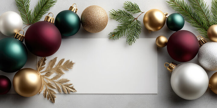 Christmas ornaments and fir branches forming a decorative frame around a central white card, offering ample copy space for holiday greetings or seasonal messages