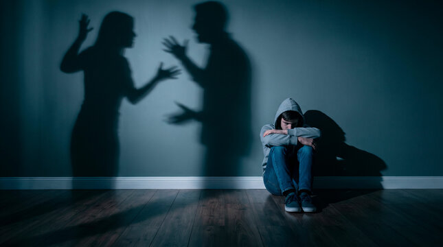 Sad teenager sitting on the floor while shadows of arguing parents loom on the dark room wall