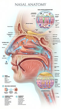 Detailed medical illustration depicting human nasal anatomy including respiratory pathways and olfactory system structures within clinical charts