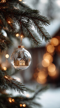 Transparent christmas bauble revealing a snow-dusted miniature house with glowing windows and trees, hanging from an evergreen branch against warm twinkling bokeh lights, cozy and festive