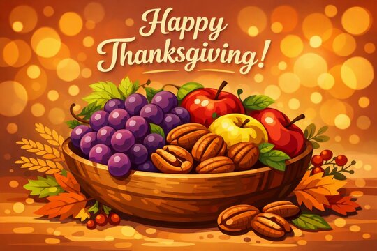 Festive thanksgiving harvest bowl with fruits nuts and autumn leaves for holiday banner and seasonal background