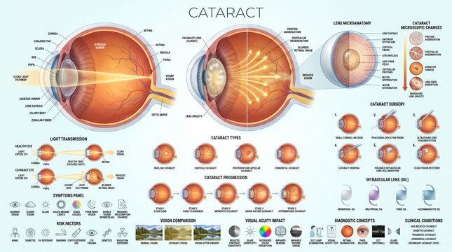Detailed medical illustration showing human eye anatomy alongside cataract progression stages surgery types symptoms and risk factors