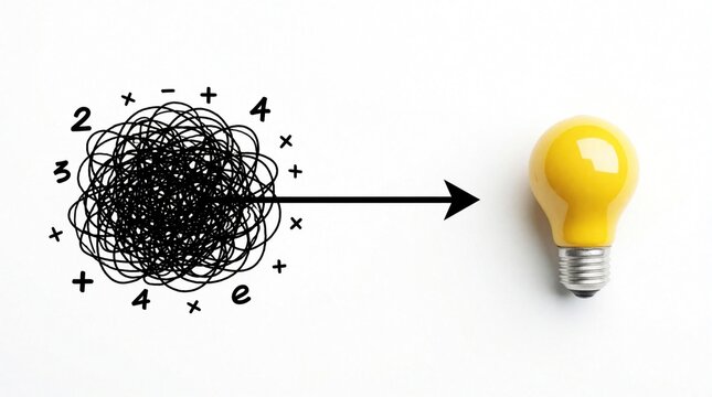 Messy black tangled scribbles with math symbols transform into bright yellow light bulb via black arrow. Concept shows solving complex problems, finding clear solutions, business innovation, creative