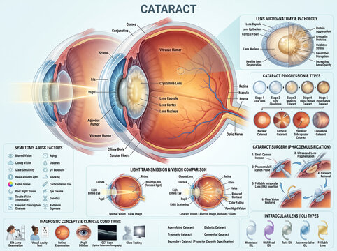 Detailed medical illustration showing human eye anatomy alongside progressive cataract stages surgery steps symptoms and risk factors