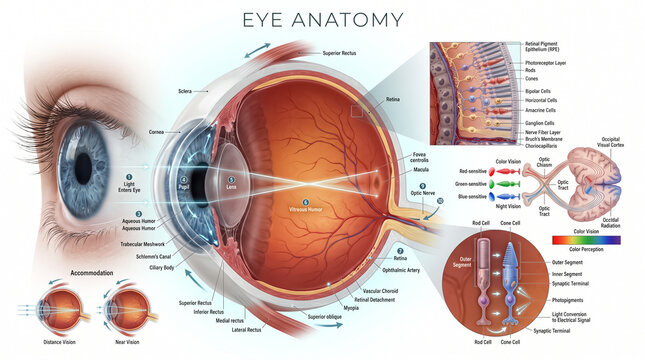 Detailed medical illustration showing human eye anatomy featuring internal structure labeled parts cornea lens retina and optic nerve