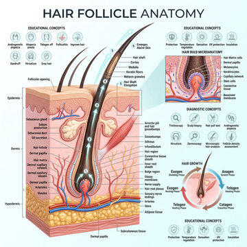 Detailed medical illustration showing human hair follicle anatomy with labeled structural layers and growth cycle stages inside educational poster