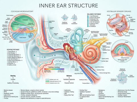 Detailed medical illustration showing human inner ear anatomy with cochlea and vestibular sensory organs diagram against white background