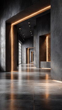 Modern curved hallway interior design with minimalist dark walls, illuminating warm led strip lighting, and a reflective floor creating depth and contemporary ambiance