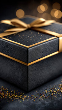 Black gift box with golden ribbon and scattered glitter, creating an elegant and festive presentation for various celebrations and holidays, offering copy space for greetings
