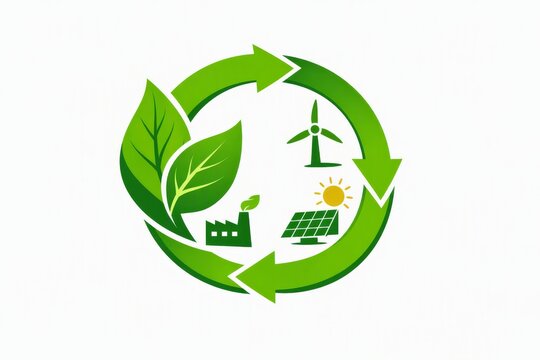 Green circular recycling emblem with leaves wind turbine and solar panel for eco renewable energy logo and sustainability design