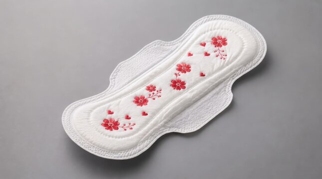 White sanitary pad with red flower and heart pattern on gray background, representing feminine hygiene, menstrual care, women's health, comfort and personal care products