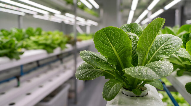 Freshly grown lettuce with water droplets in a vertical hydroponic farm.