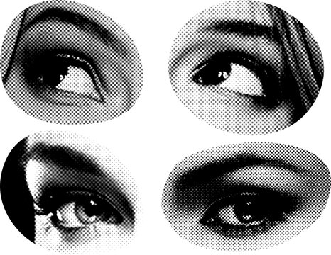Halftone dot pattern collage of four expressive black and white female close-up eyes showing different looks and dramatic facial expressions in a vintage print style grid layout.